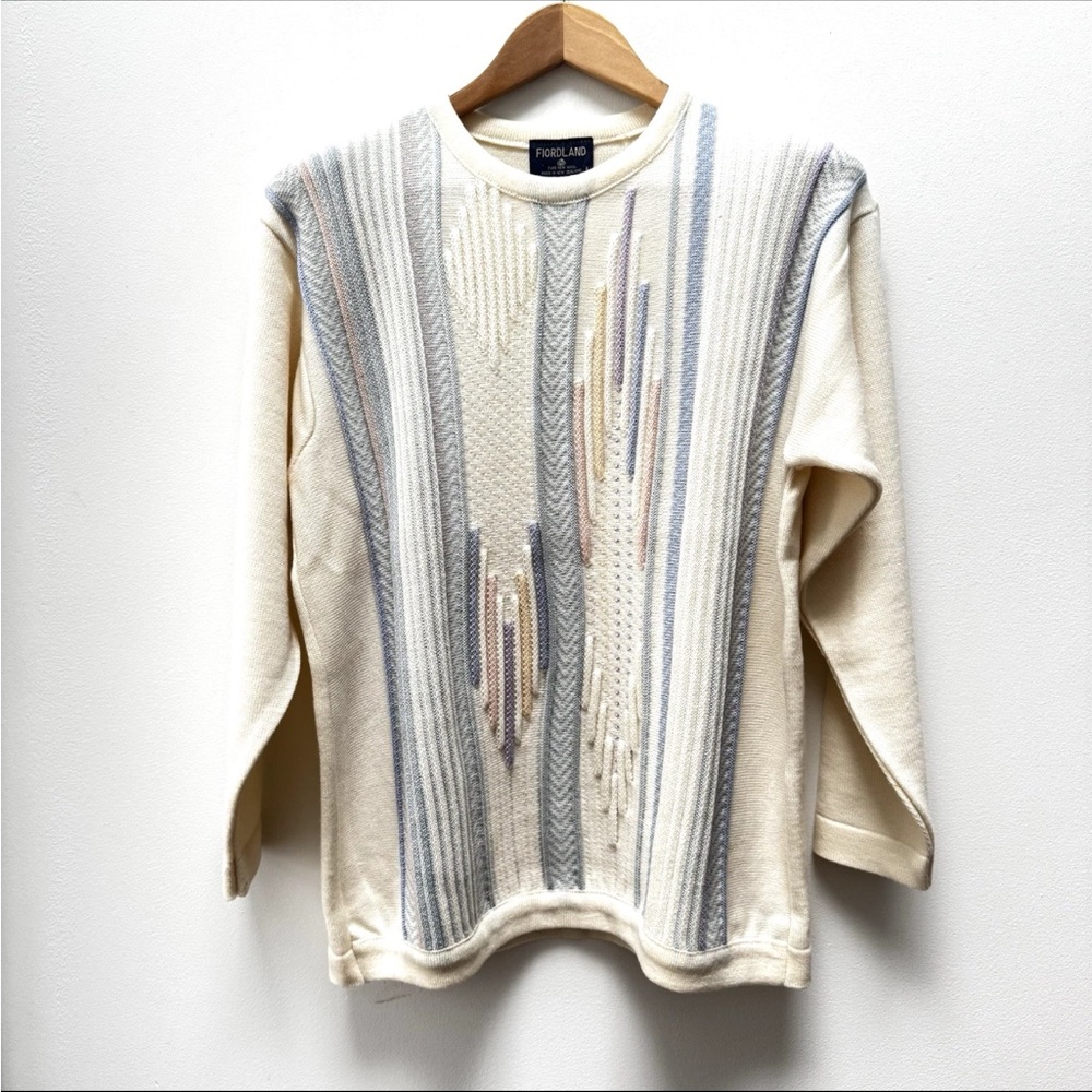 Vintage Fiordland Wool Sweater Coogi-Style L 3D Textured Cream Pastel - Mint!